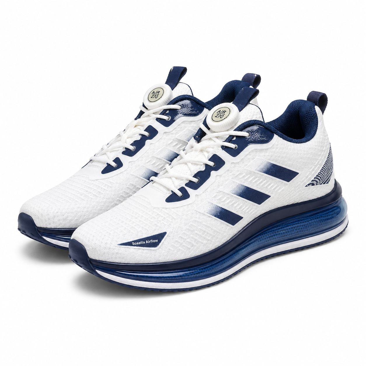 White & Navy Mesh Running Shoes Sceatla Airflow Sports Sneakers