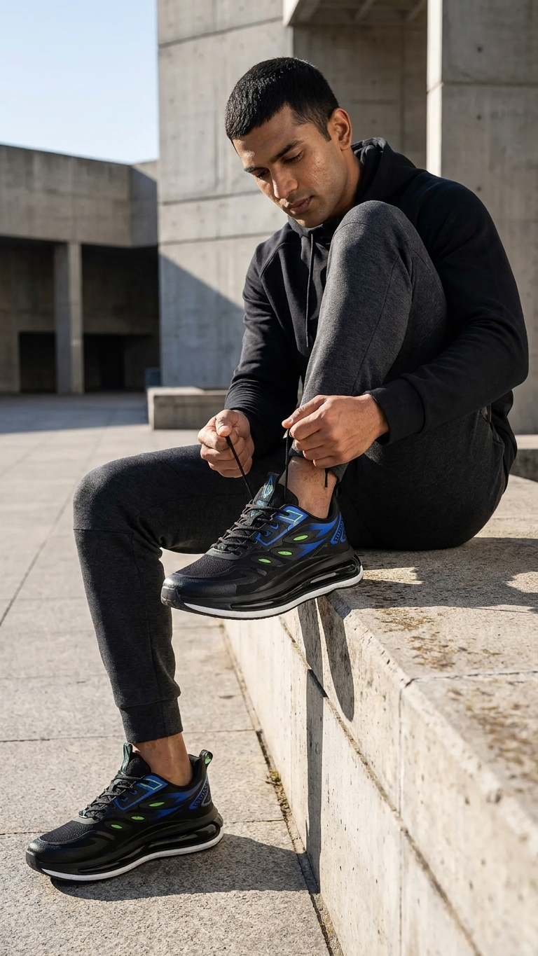 Black Sneakers with Blue Green Accents Men's Sporty Air Sole Running Shoes