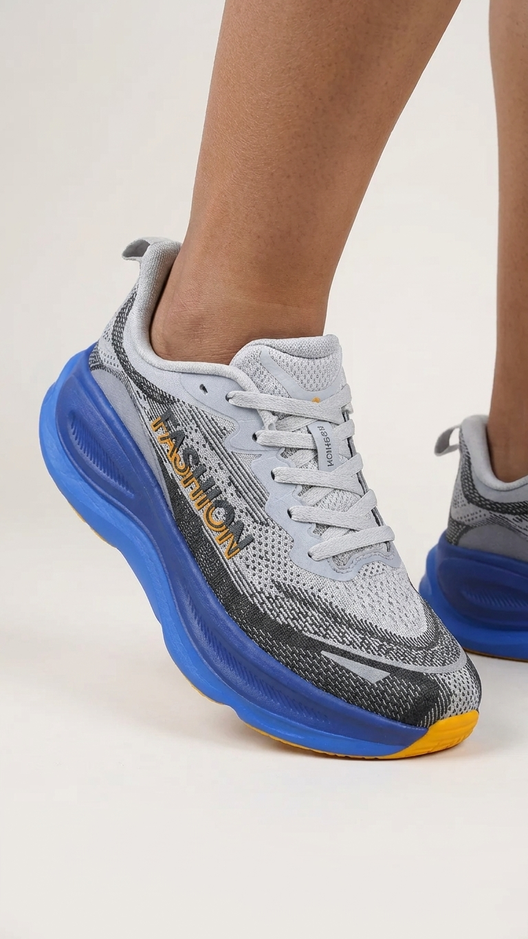 Grey Blue Sole Chunky Running Shoes Men's Sporty Cushioned Sneakers