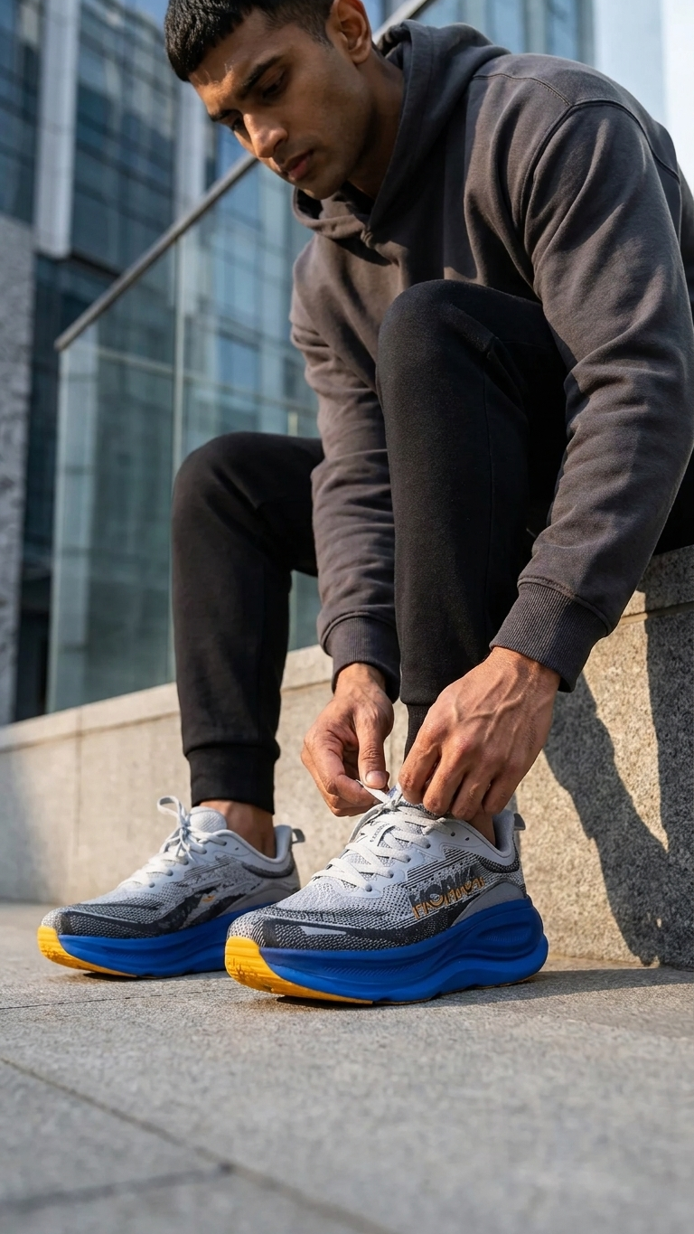 Grey Blue Sole Chunky Running Shoes Men's Sporty Cushioned Sneakers