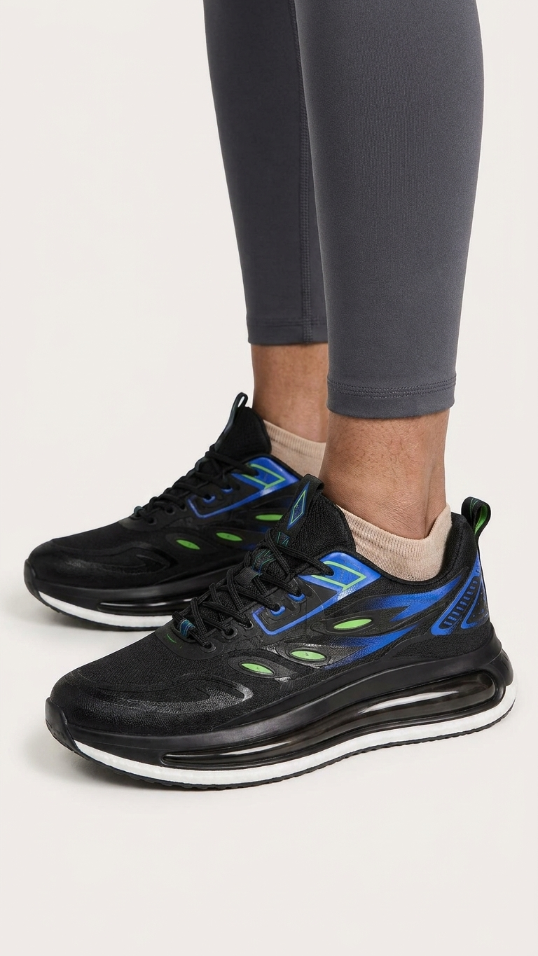 Black Sneakers with Blue Green Accents Men's Sporty Air Sole Running Shoes