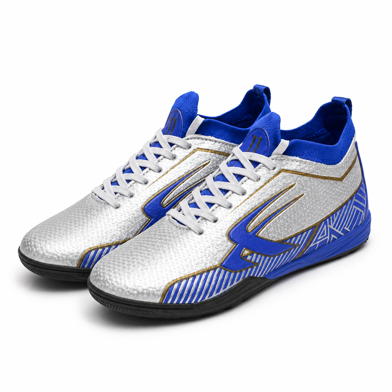 The Royal Flash Premium Silver & Blue Indoor Football Shoes for Men Futsal Soccer Sneakers