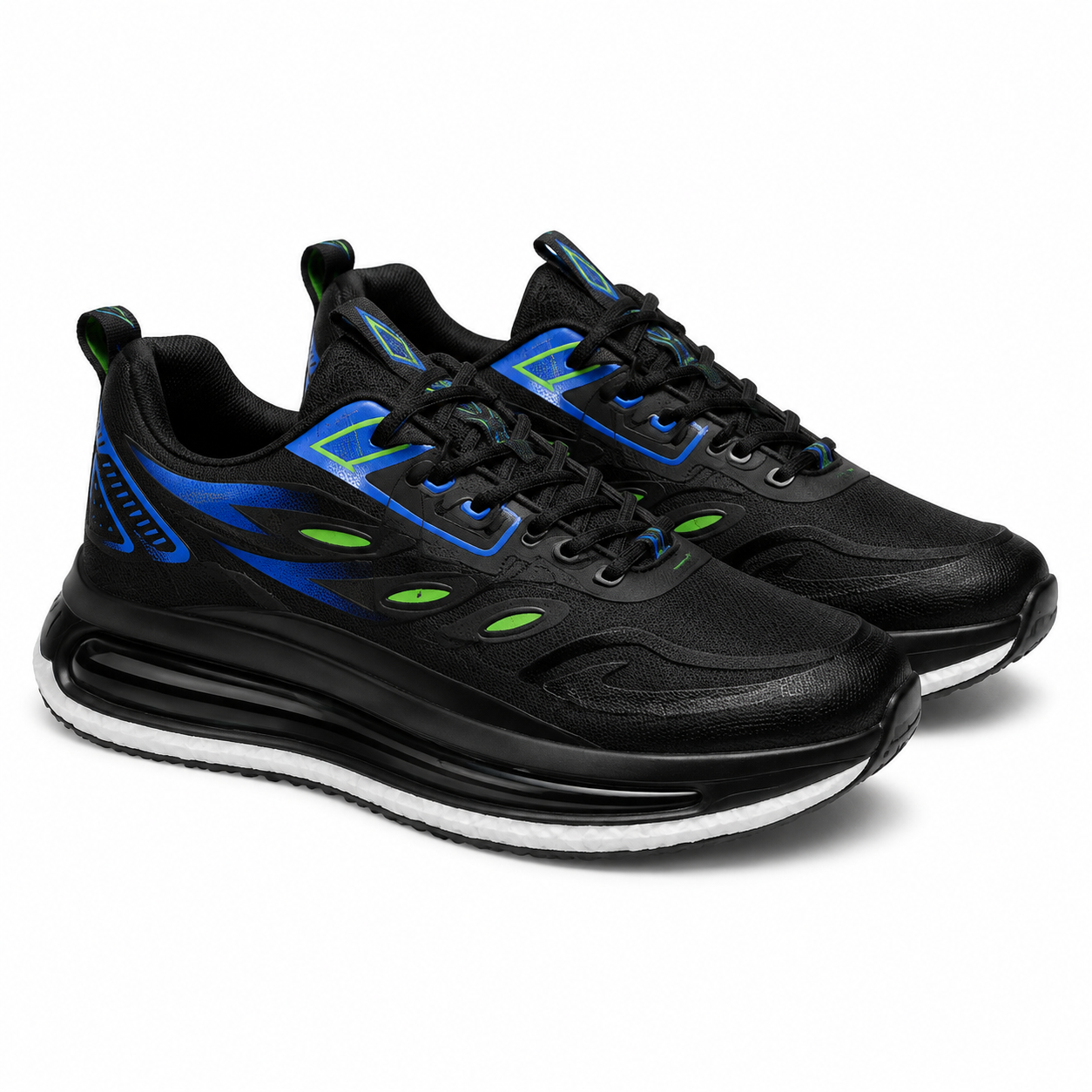 Black Sneakers with Blue Green Accents Men's Sporty Air Sole Running Shoes
