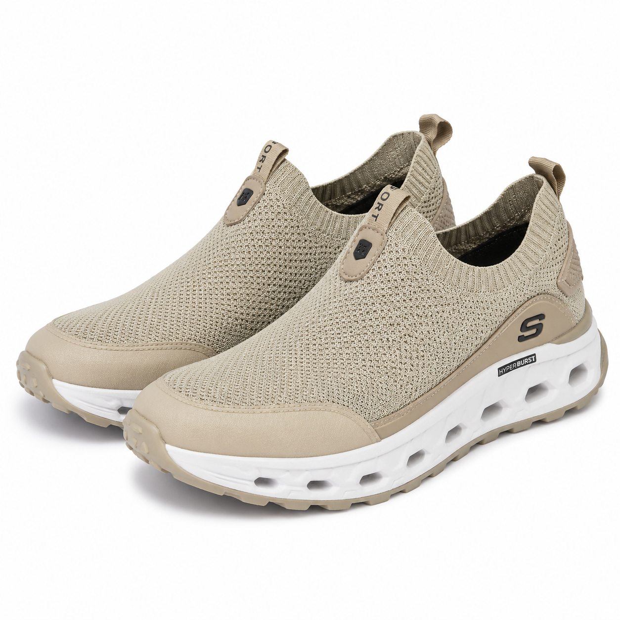 Beige Knit Slip On Sneakers Men's Lightweight Cushioned Comfort Shoes