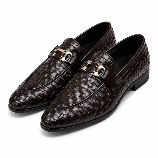 The Woven Chestnut Buckle — Premium Handwoven Leather Loafers for Men