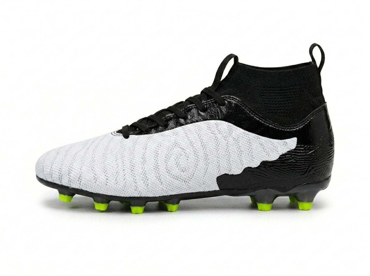 The Shadow Wing Premium White & Black High Top Football Boots for Men Firm Ground Soccer Cleats