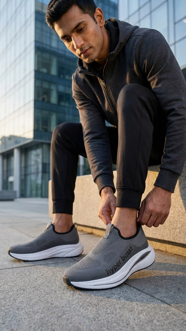 Grey Knit Slip On Sneakers Men's Lightweight Comfort Sports Shoes