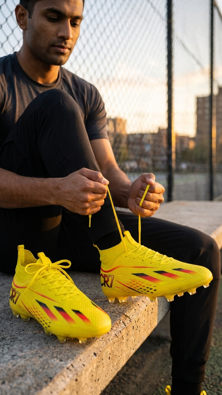 The Solar Blaze Premium Yellow High Top Football Boots for Men Firm Ground Soccer Cleats